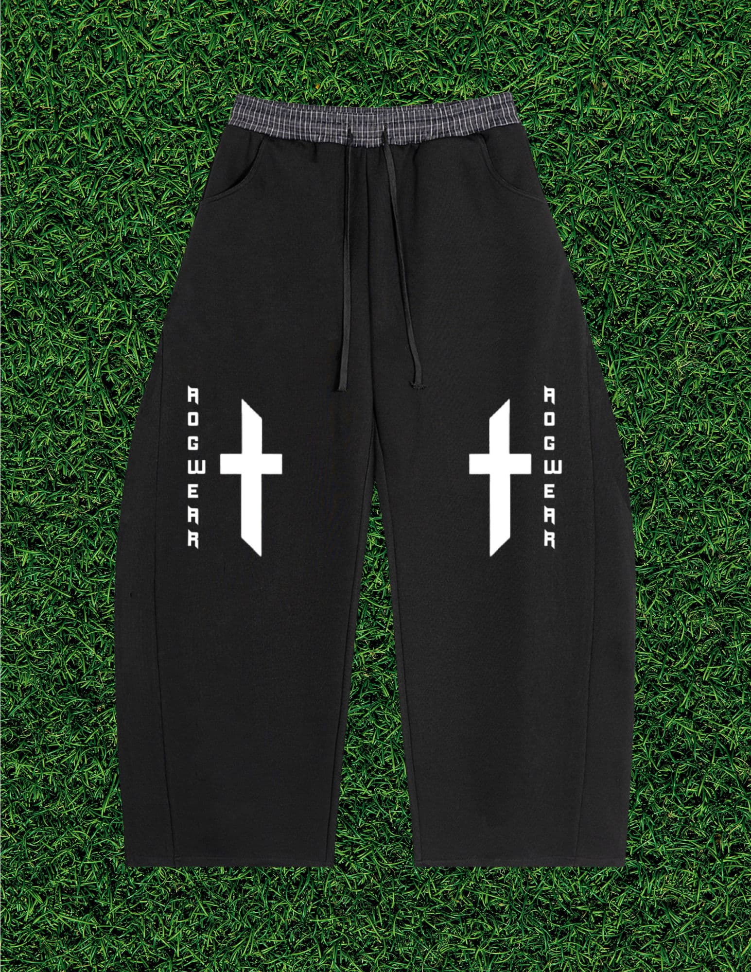 AOGWEAR Plaid Waistband Sweatpants, black colorway, front