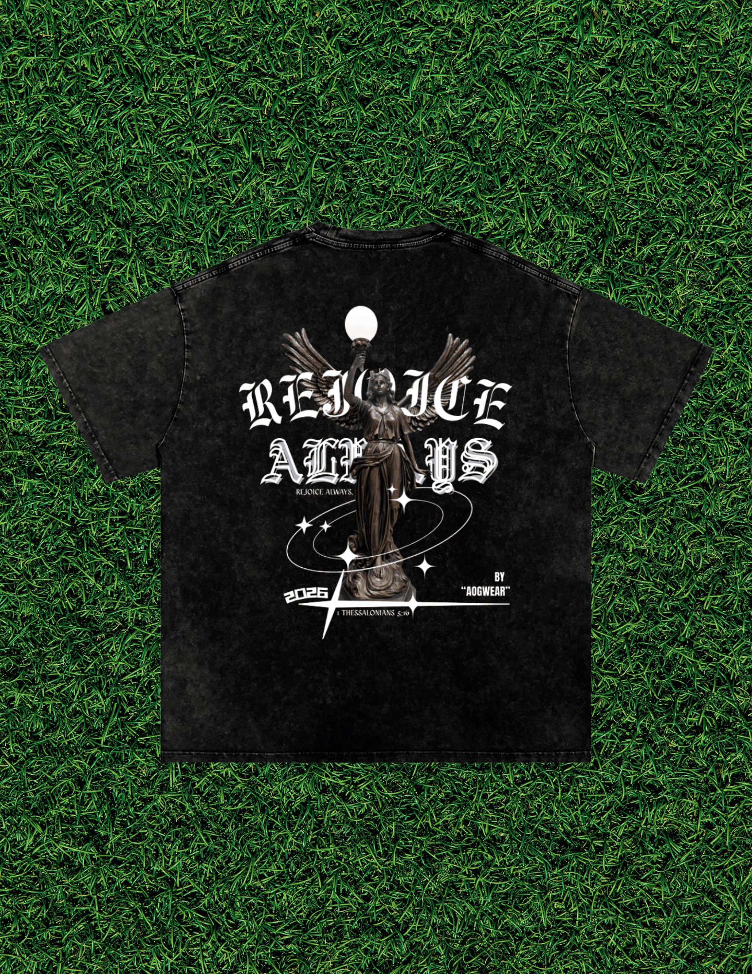 AOG 'Rejoice Always' Snow Wash Tee, black colorway, back