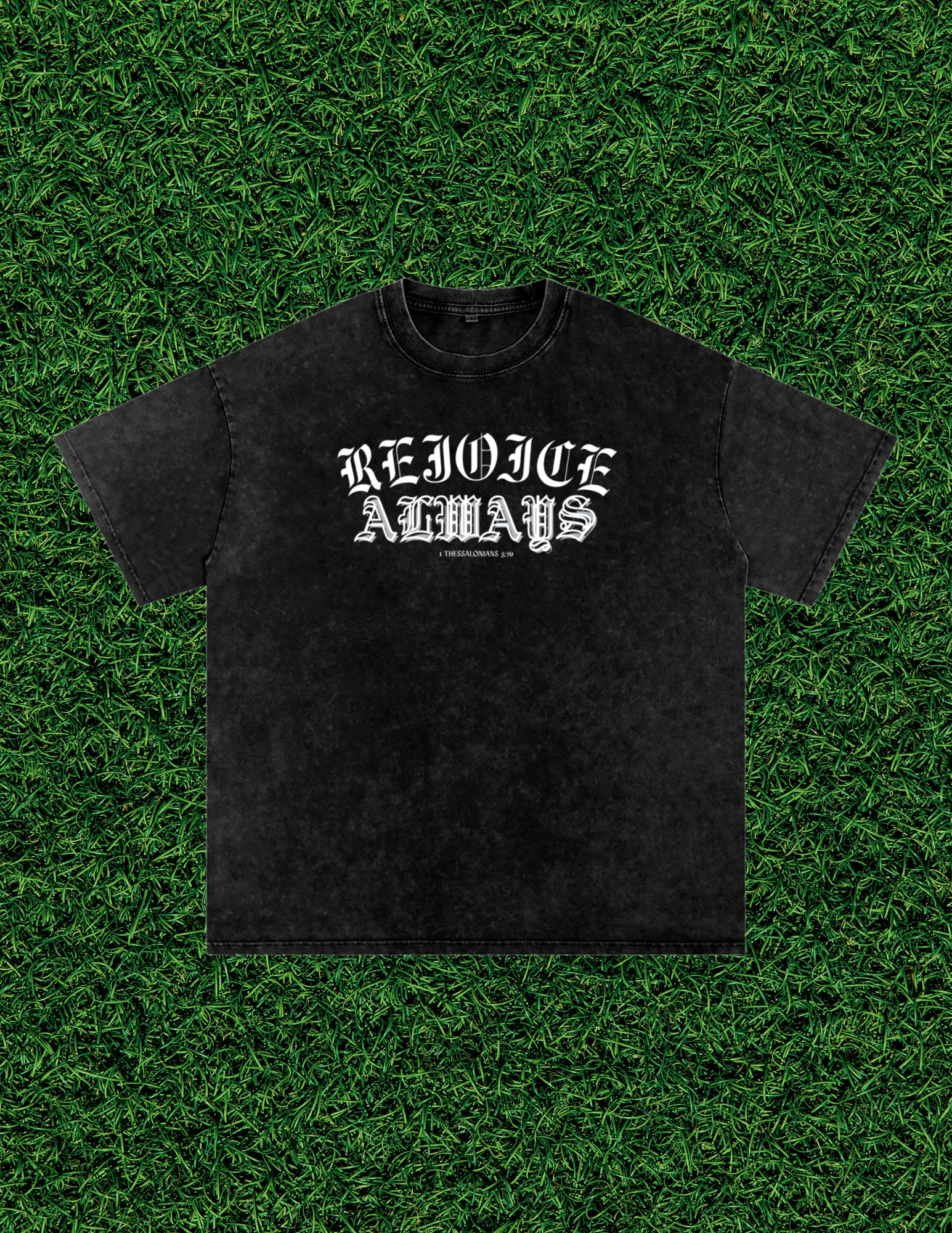 AOG 'Rejoice Always' Snow Wash Tee, black colorway, front
