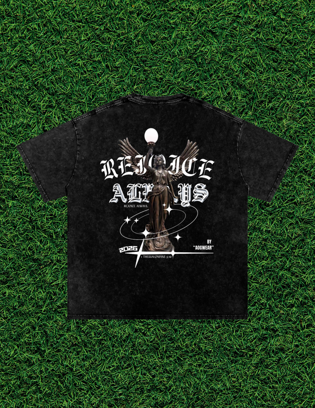 AOGWEAR "REJOICE ALWAYS" SNOW WASHED OVERSIZED PURE COTTON T-SHIRT.