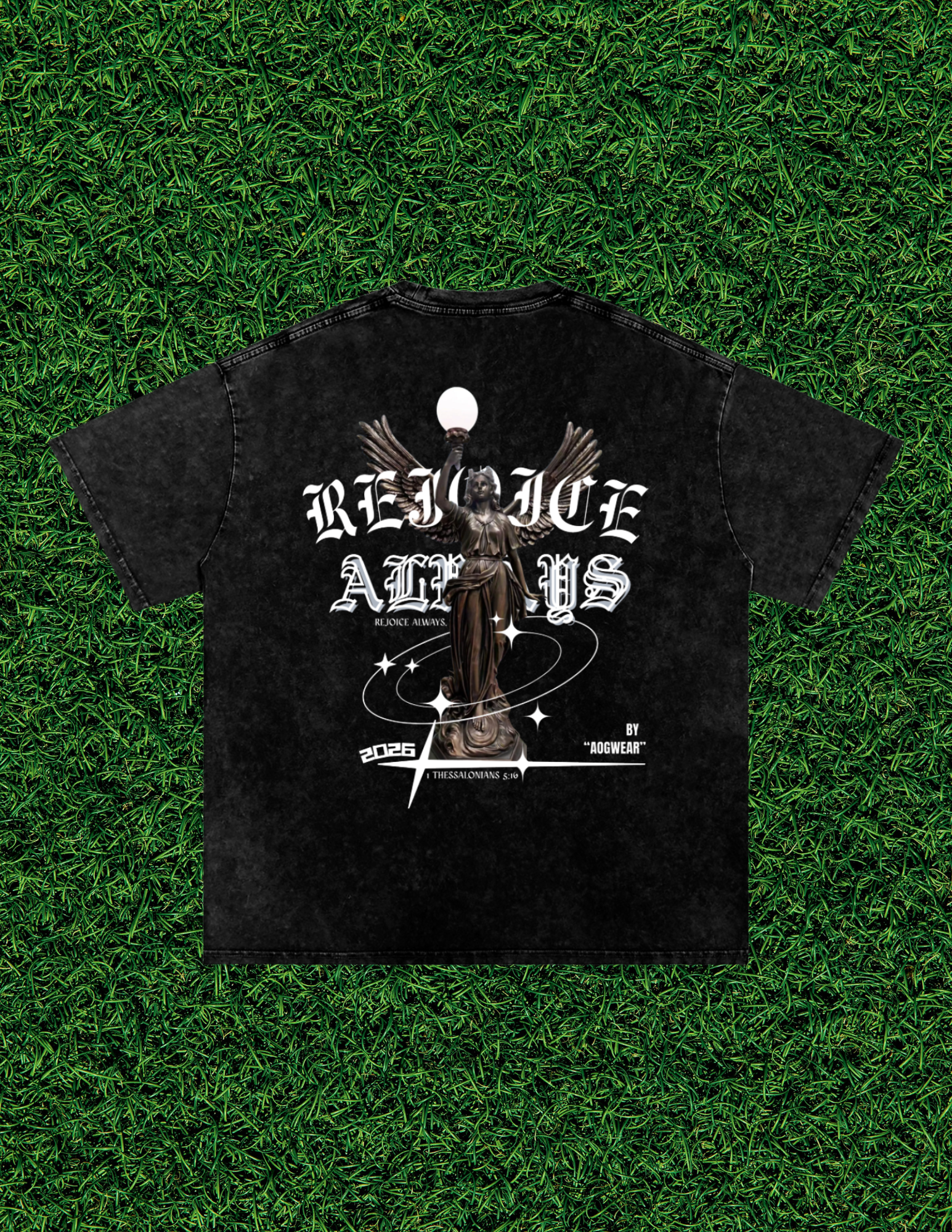 AOGWEAR "REJOICE ALWAYS" SNOW WASHED OVERSIZED PURE COTTON T-SHIRT.