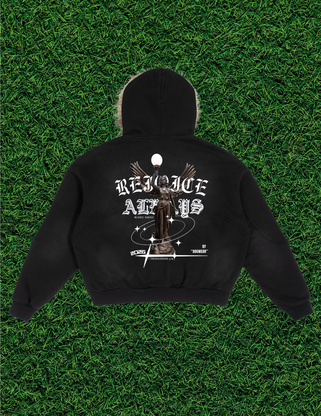 AOGWEAR "REJOICE ALWAYS" SUN FADE BOXY DETACHABLE FUR HOODIE.