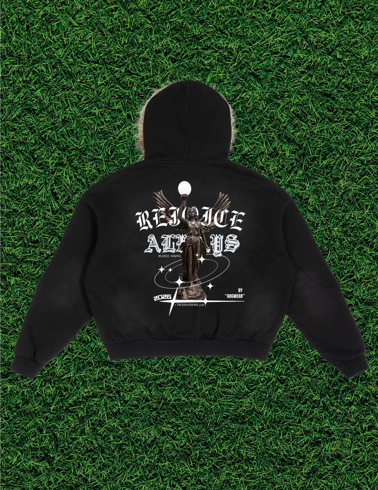 AOGWEAR "REJOICE ALWAYS" SUN FADE BOXY DETACHABLE FUR HOODIE.