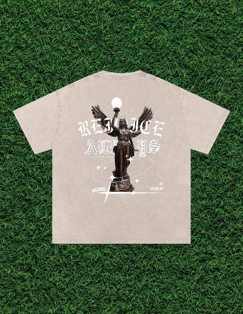 AOGWEAR "REJOICE ALWAYS" SNOW WASHED OVERSIZED PURE COTTON T-SHIRT.