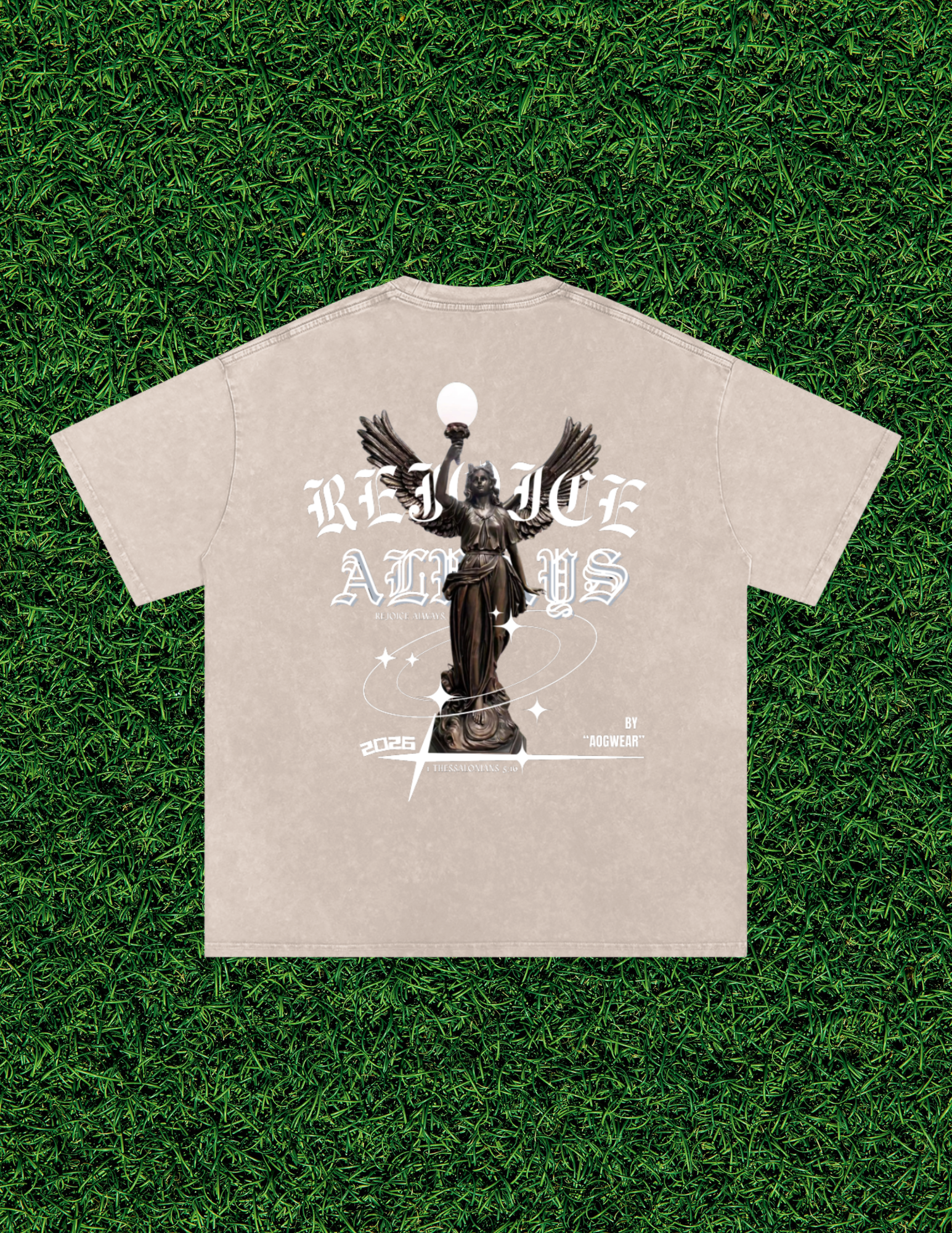 AOGWEAR "REJOICE ALWAYS" SNOW WASHED OVERSIZED PURE COTTON T-SHIRT.