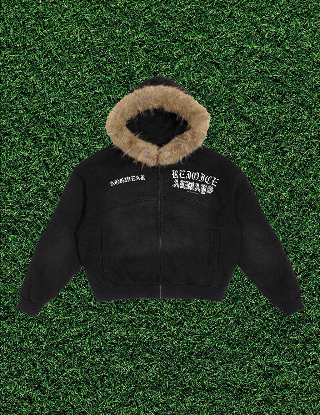 AOGWEAR "REJOICE ALWAYS" SUN FADE BOXY DETACHABLE FUR HOODIE.
