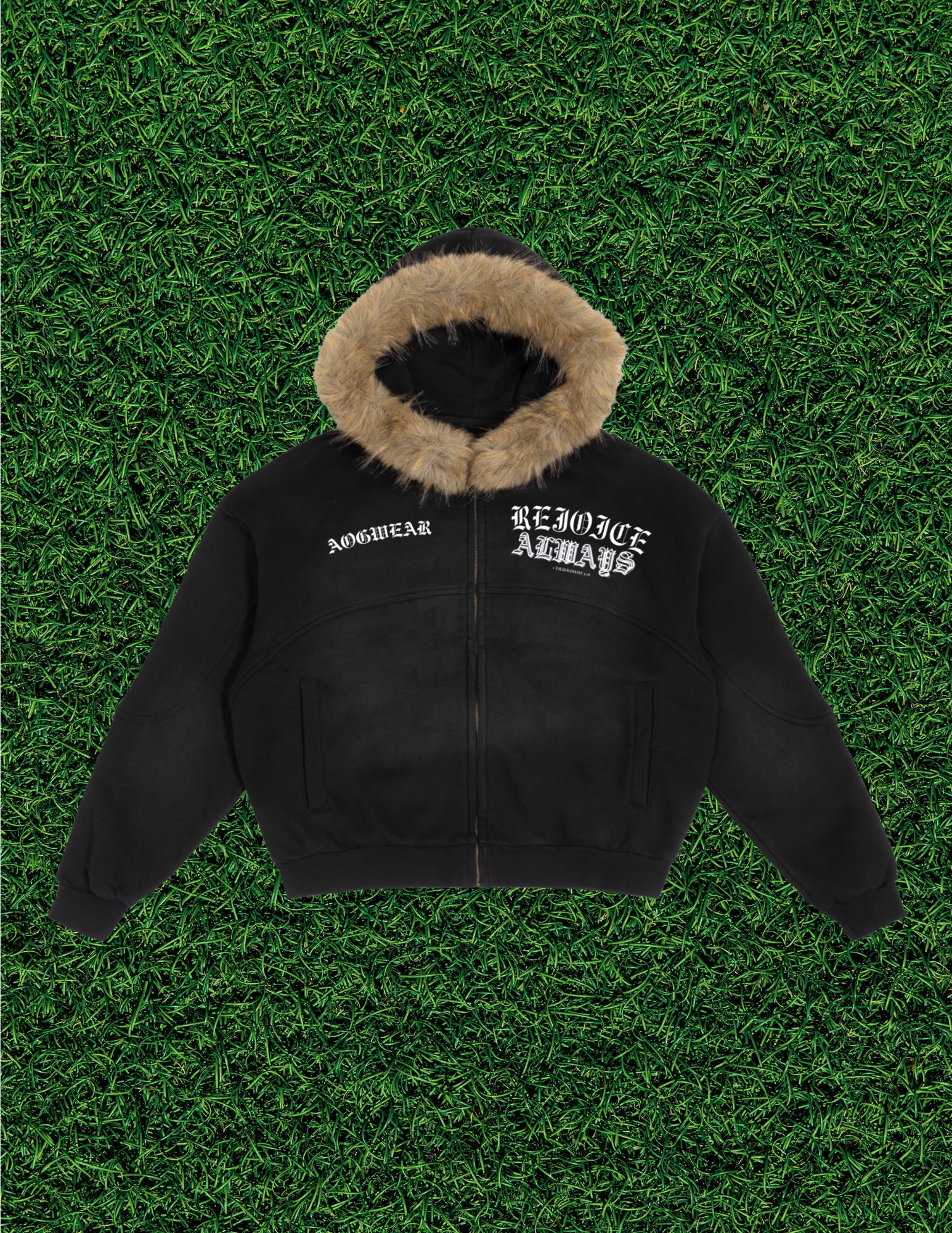 AOGWEAR "REJOICE ALWAYS" SUN FADE BOXY DETACHABLE FUR HOODIE.