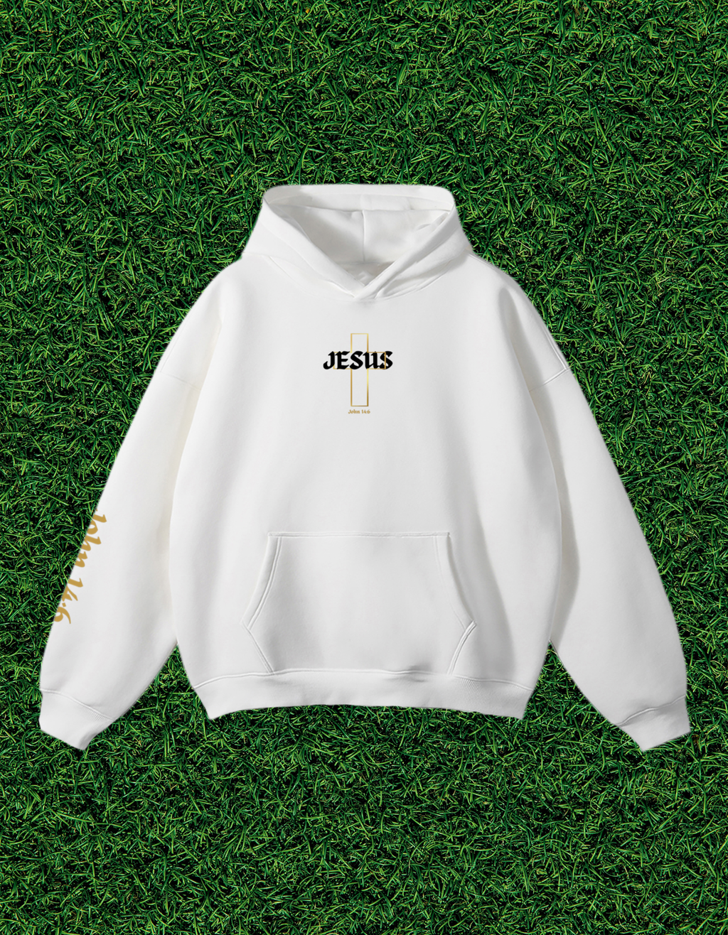 AOGWEAR "JESUS IS THE WAY" STREETWEAR OVERSIZED FLEECE HOODIE DESIGN EDITION. (WHITE)