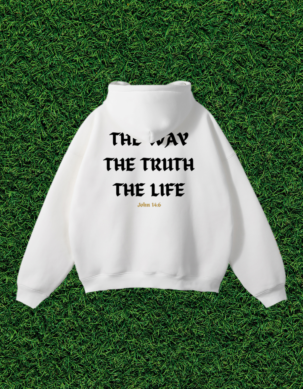 AOGWEAR "JESUS IS THE WAY" STREETWEAR OVERSIZED FLEECE HOODIE DESIGN EDITION. (WHITE)