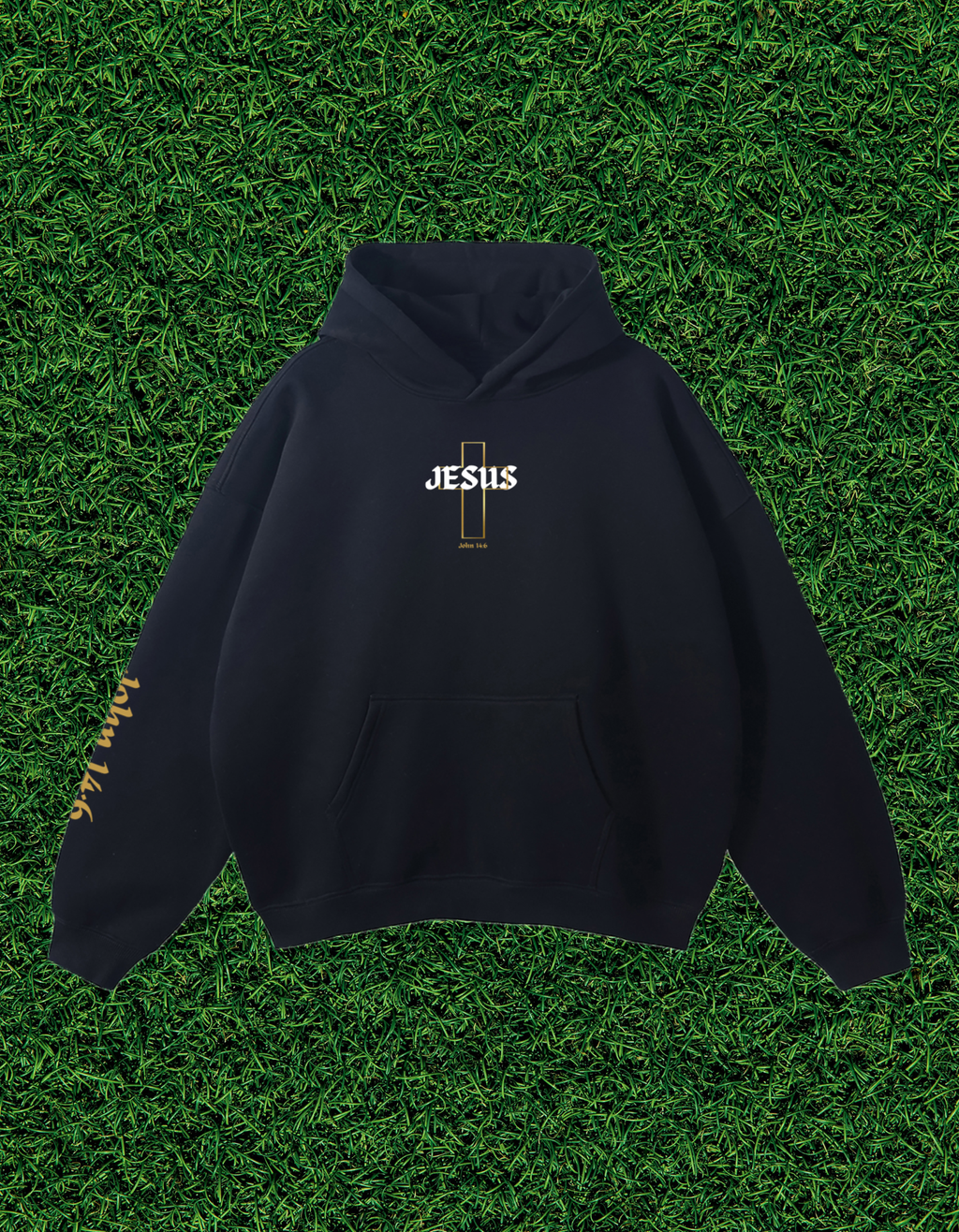 AOGWEAR "JESUS IS THE WAY" STREETWEAR OVERSIZED FLEECE HOODIE DESIGN EDITION. (BLACK)