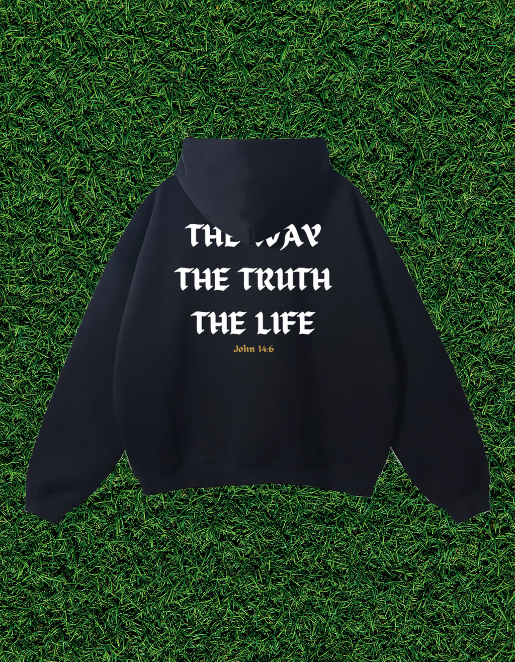AOGWEAR "JESUS IS THE WAY" STREETWEAR OVERSIZED FLEECE HOODIE DESIGN EDITION. (BLACK)