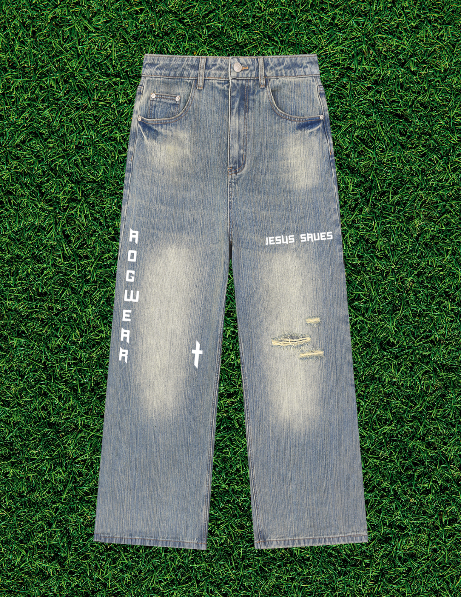 AOGWEAR "JESUS SAVES" VINTAGE WASHED DENIM JEANS.  (Prototype)