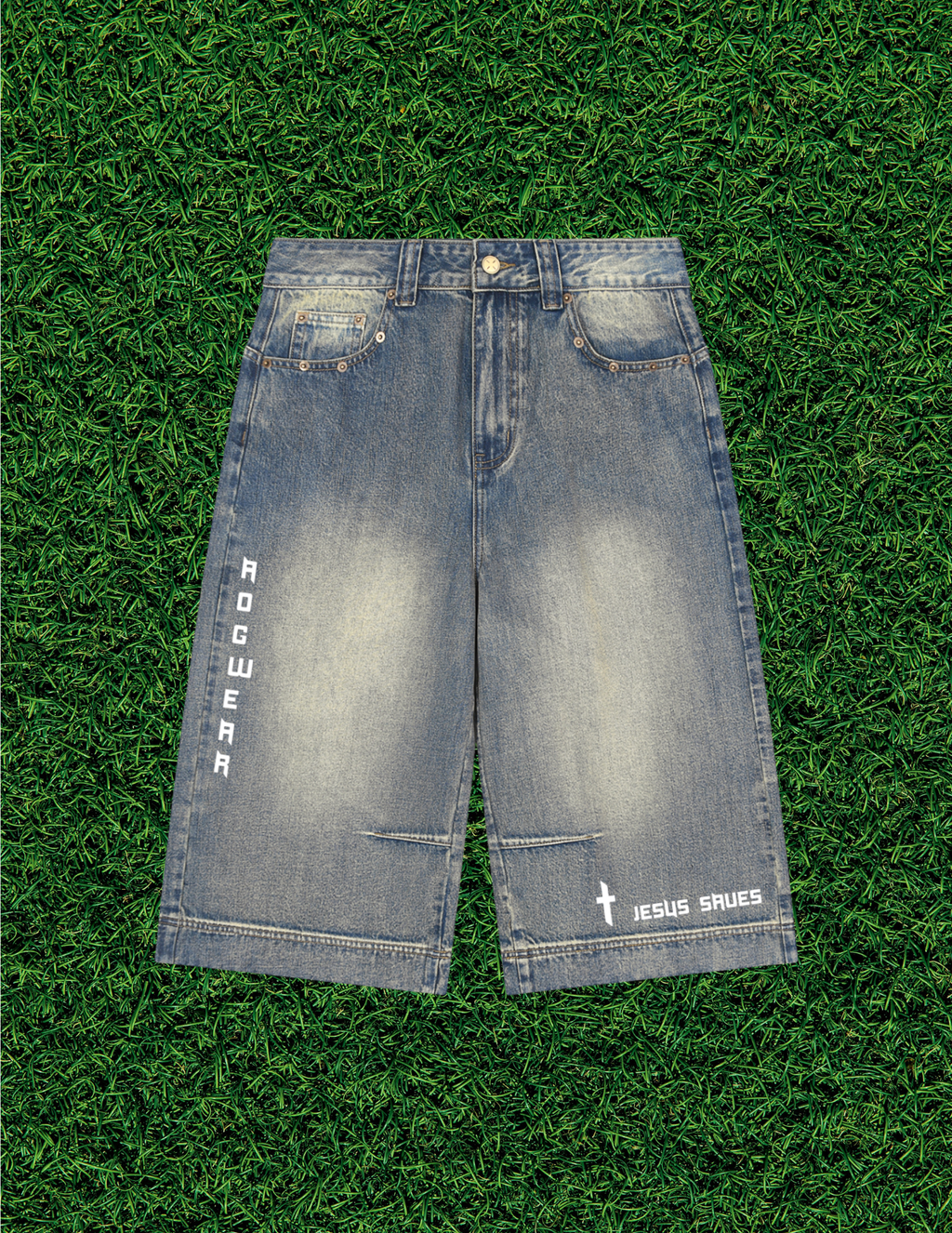 AOGWEAR "JESUS SAVES" VINTAGE WASHED BAGGY DENIM SHORTS. (Prototype)