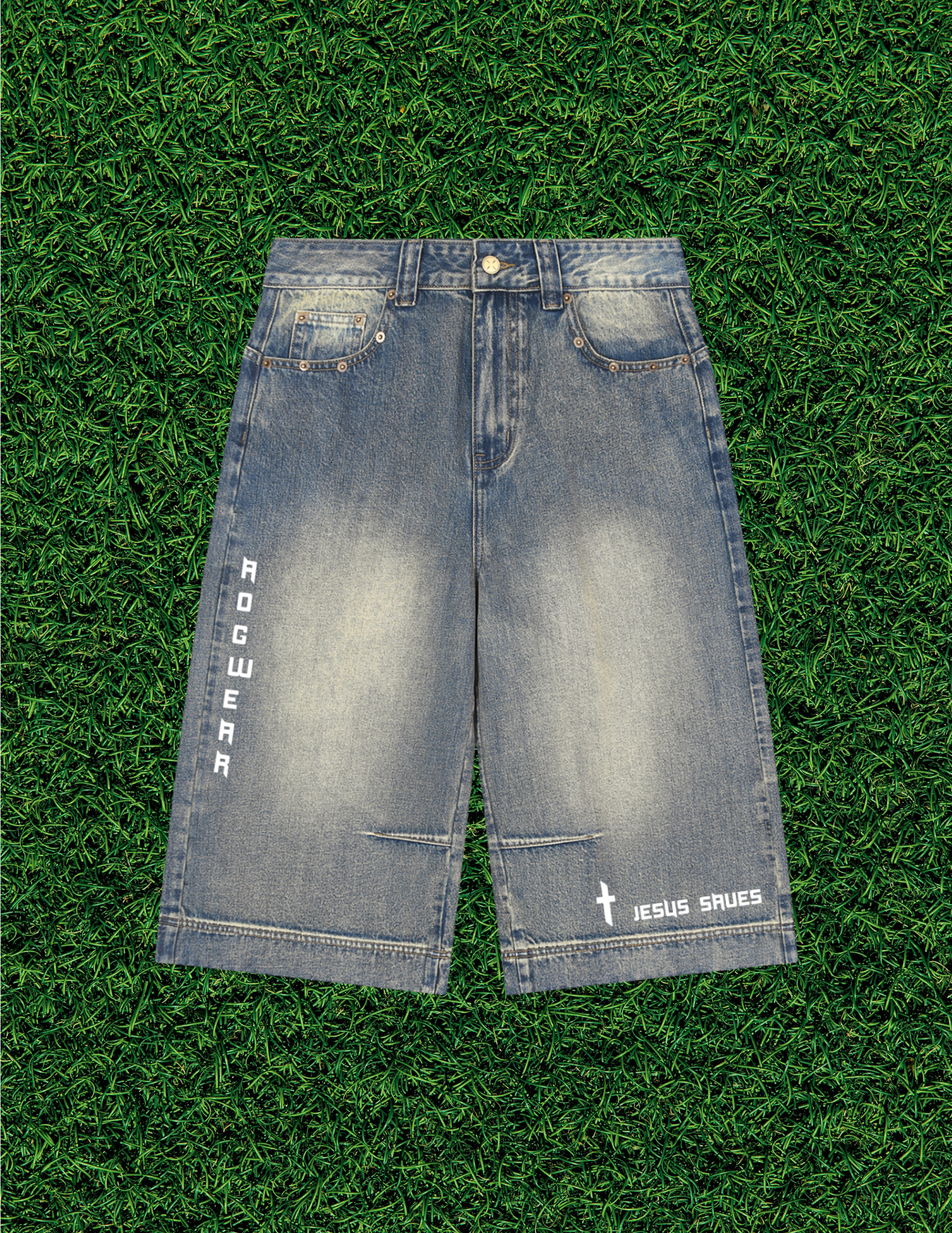 AOGWEAR "JESUS SAVES" VINTAGE WASHED BAGGY DENIM SHORTS. (Prototype)